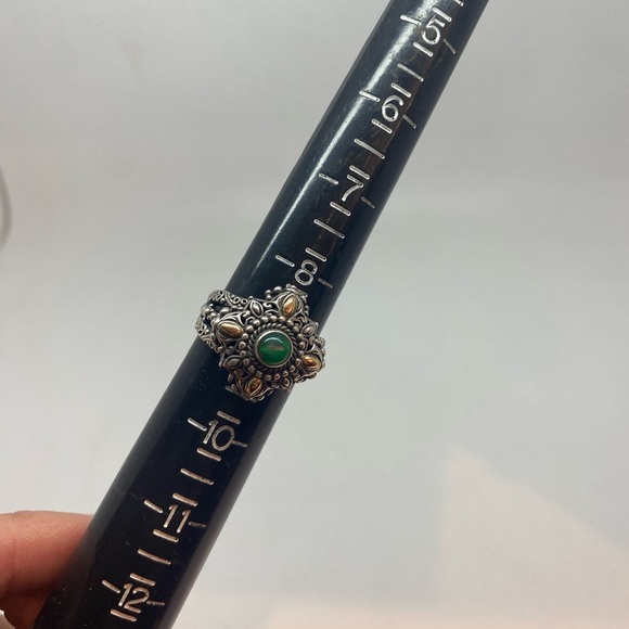 Sarda Sterling Silver & 18K Gold Accent Green Chalcedony Ornate Ring (Size 9) - Picture 4 of 5